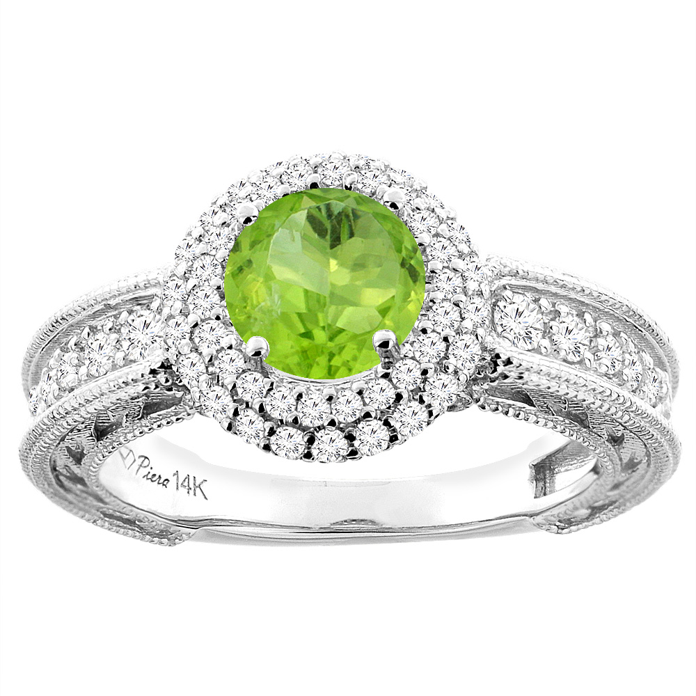 14K Yellow Gold Natural Peridot & Diamond Halo Ring Round 6 mm, sizes 5-10