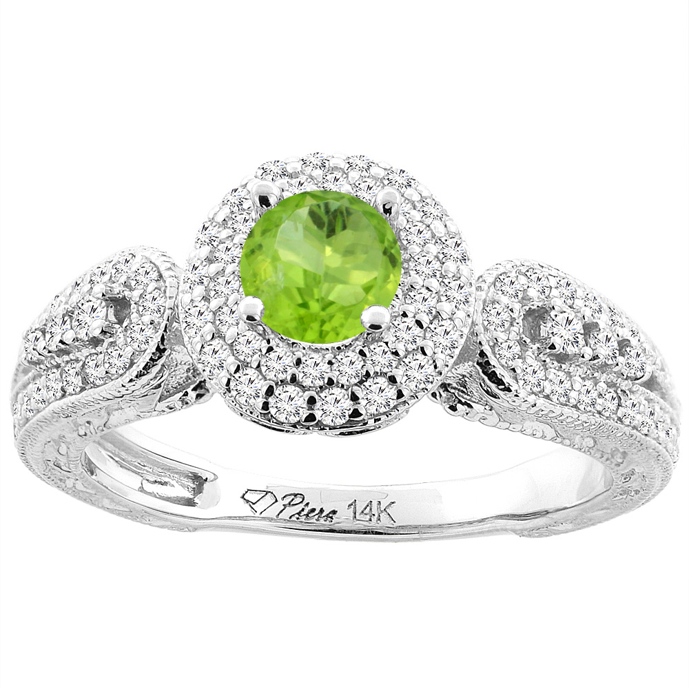 14K Yellow Gold Natural Peridot & Diamond Halo Ring Round 5 mm, sizes 5-10