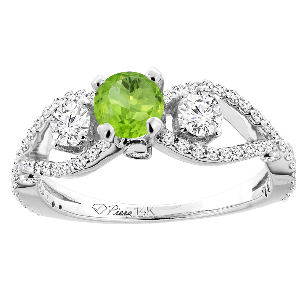 14K White Gold Natural Peridot & Diamond Ring Round 6 mm, sizes 5-10