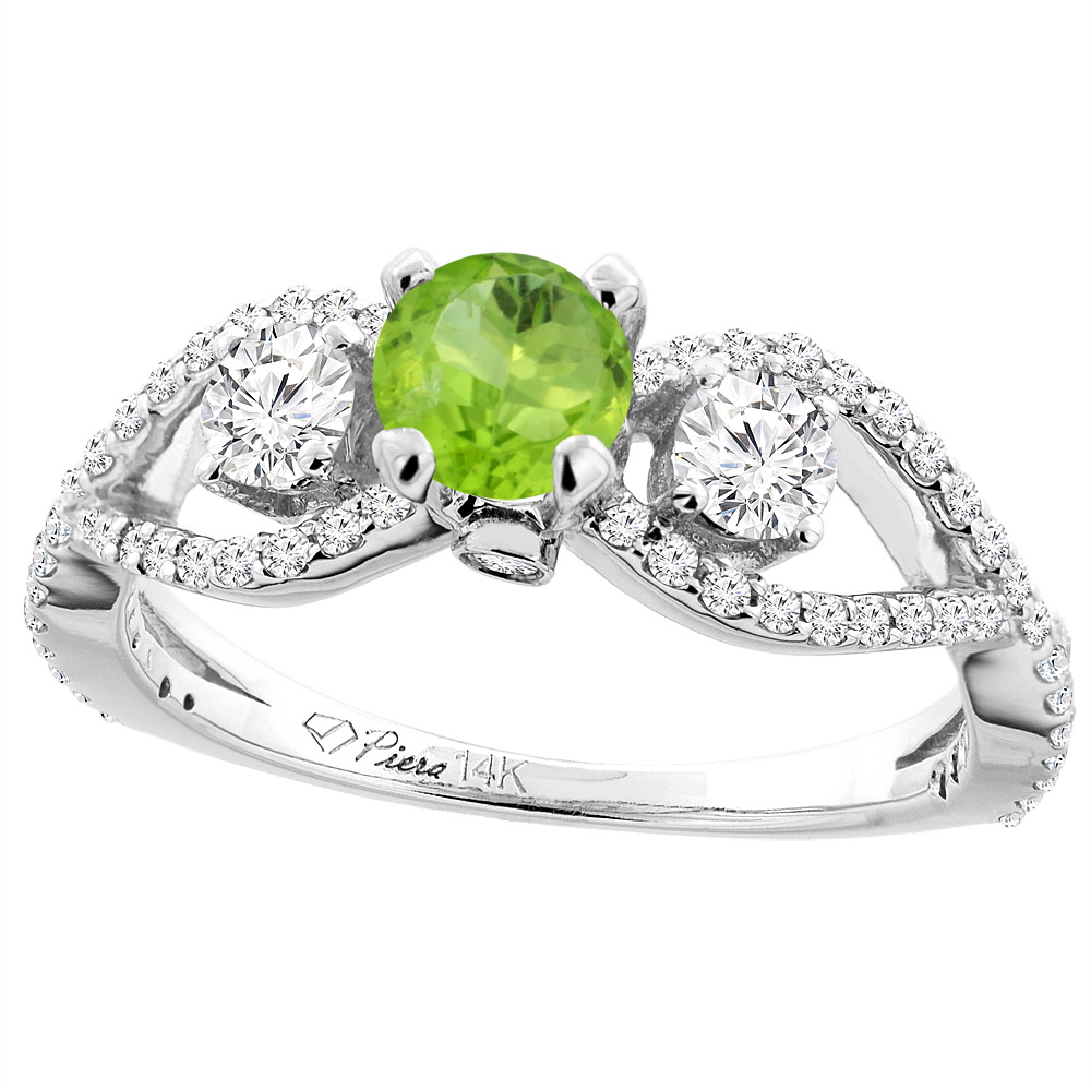 14K White Gold Natural Peridot & Diamond Ring Round 6 mm, sizes 5-10