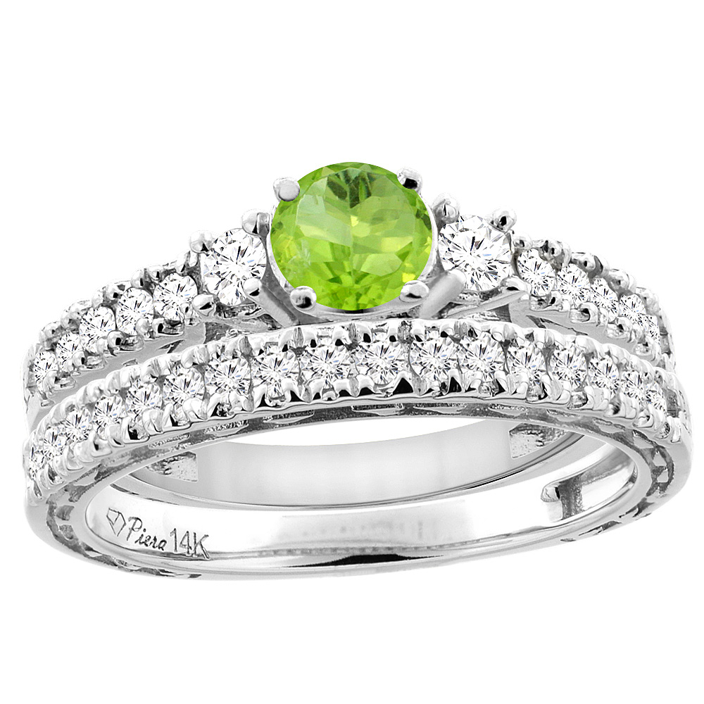 14K Yellow Gold Diamond Natural Peridot Engagement 2-pc Ring Set Engraved Round 6 mm, sizes 5 - 10