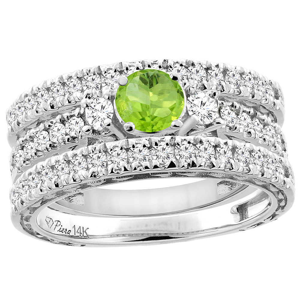 14K White Gold Diamond Natural Peridot Engagement 3-pc Ring Set Engraved Round 6 mm, sizes 5 - 10