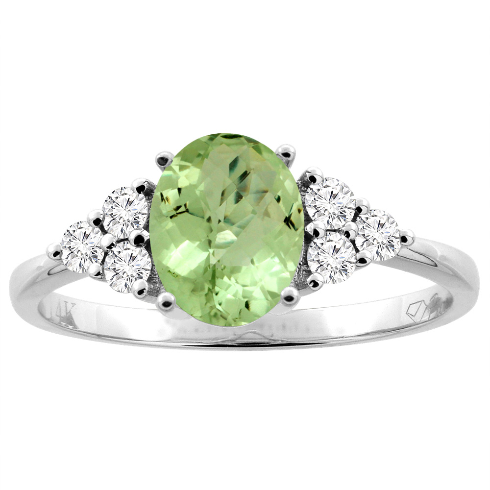 14K Gold Natural Peridot Ring Oval 8x6 mm Diamond Accents, sizes 5 - 10