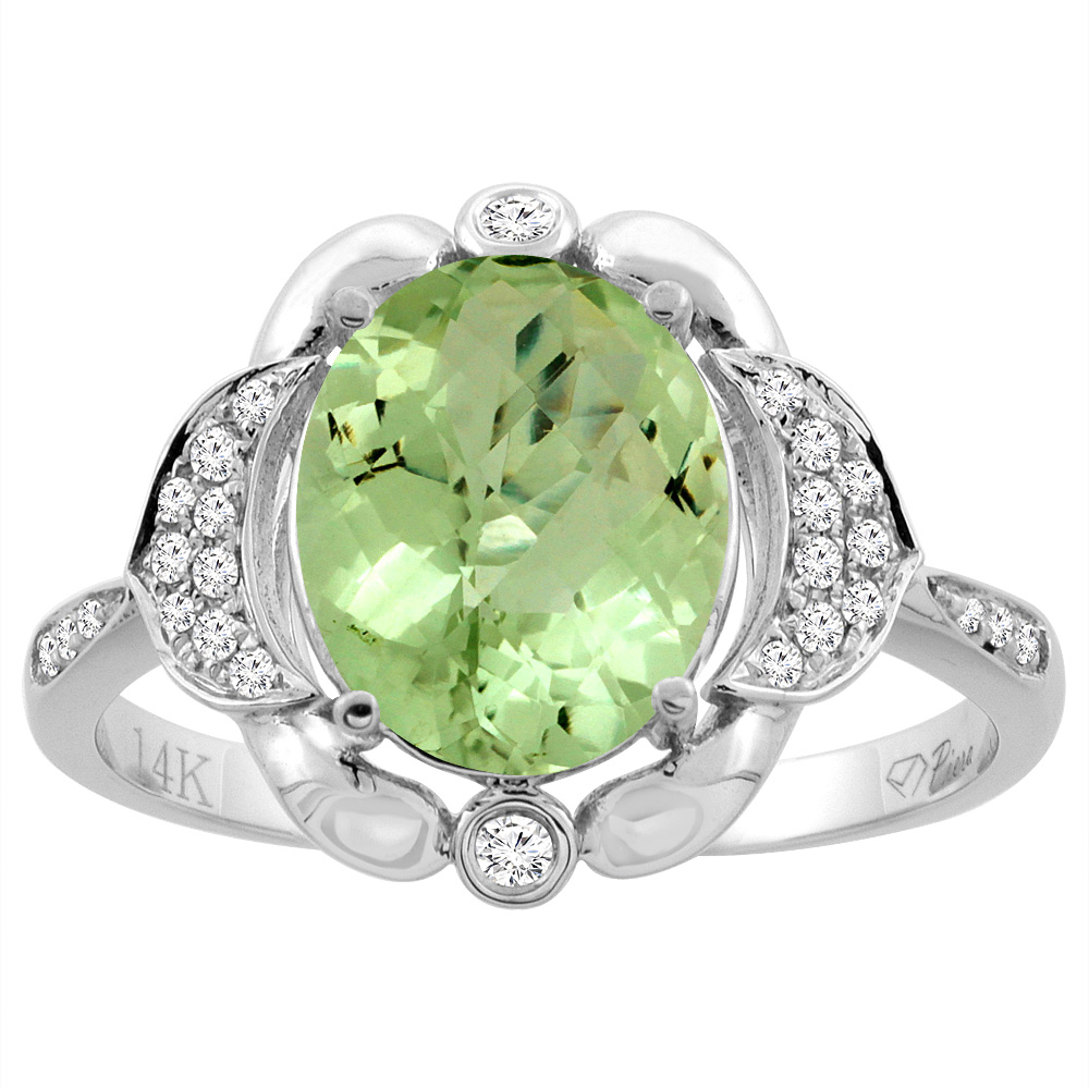 14K White Gold Diamond Natural Peridot Engagement Ring Oval 10x8mm, sizes 5-10