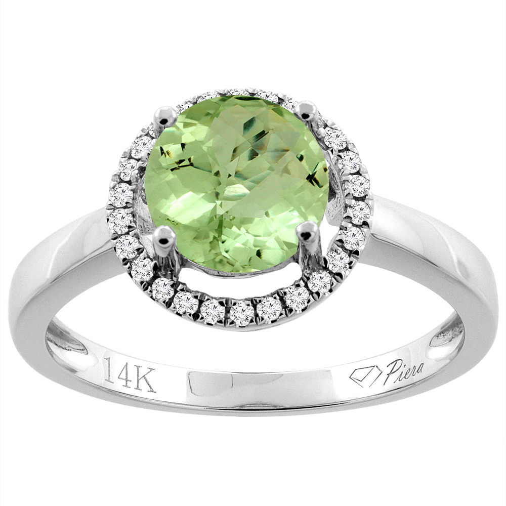 14K Gold Natural Peridot Ring Round 7 mm Diamond Accents, sizes 5 - 10