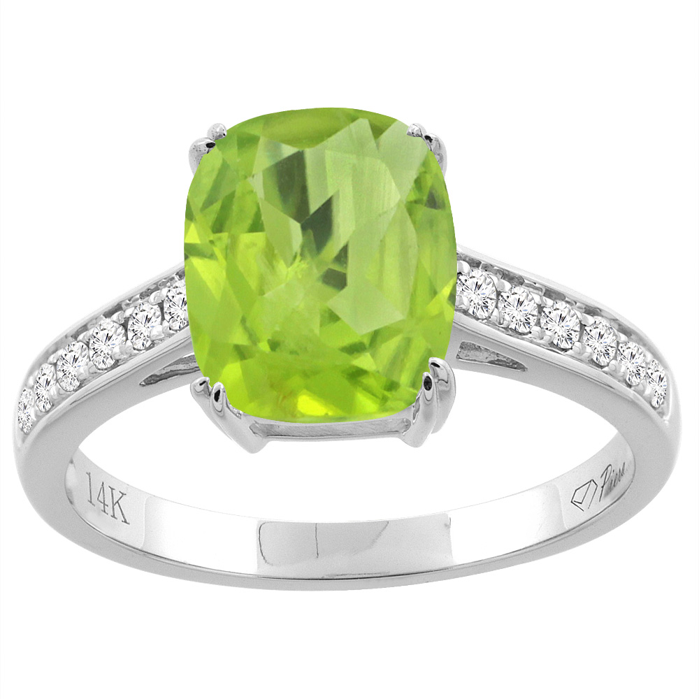 14K Gold Natural Peridot Ring Cushion Cut 9x7 mm Diamond Accents, sizes 5 - 10