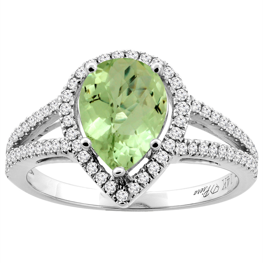 14K Gold Natural Peridot Ring Pear Shape 9x7 mm Diamond Accents, sizes 5 - 10