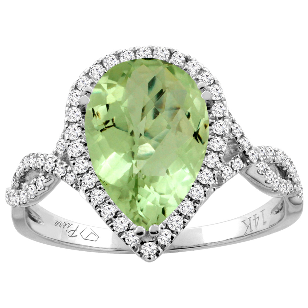 14K Gold Natural Peridot Ring Pear Shape 12x8 mm Diamond Accents, sizes 5 - 10