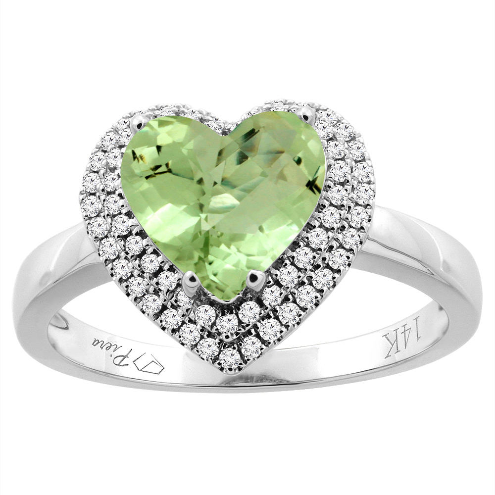 14K Gold Natural Peridot Ring Heart Shape 8 mm Diamond Accents, sizes 5 - 10