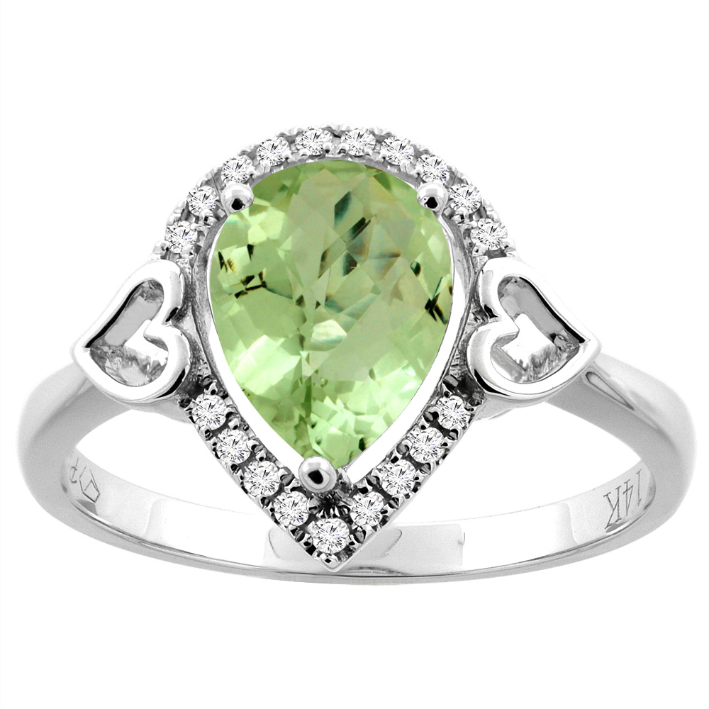 14K Gold Natural Peridot Ring Pear Shape 9x7 mm Diamond Accents, sizes 5 - 10