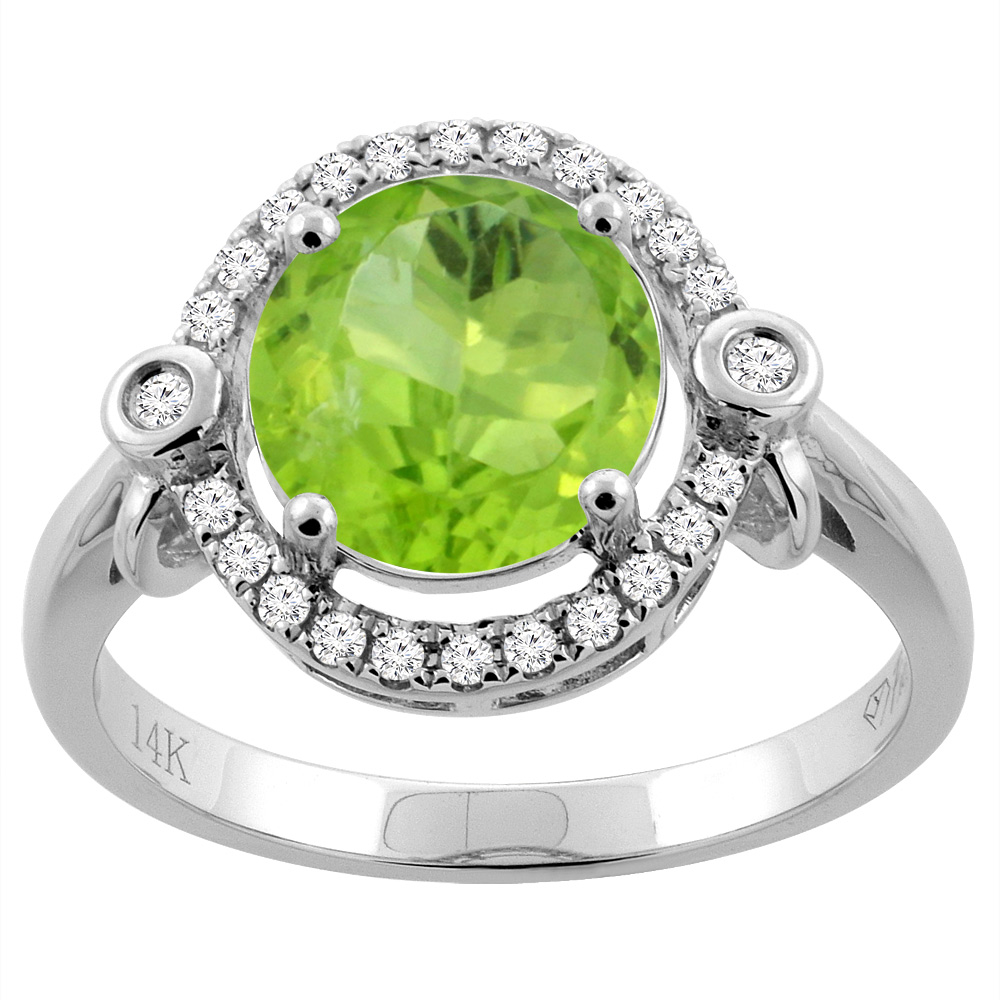 14K White Gold Diamond Natural Peridot Engagement Ring Oval 10x8mm, sizes 5-10