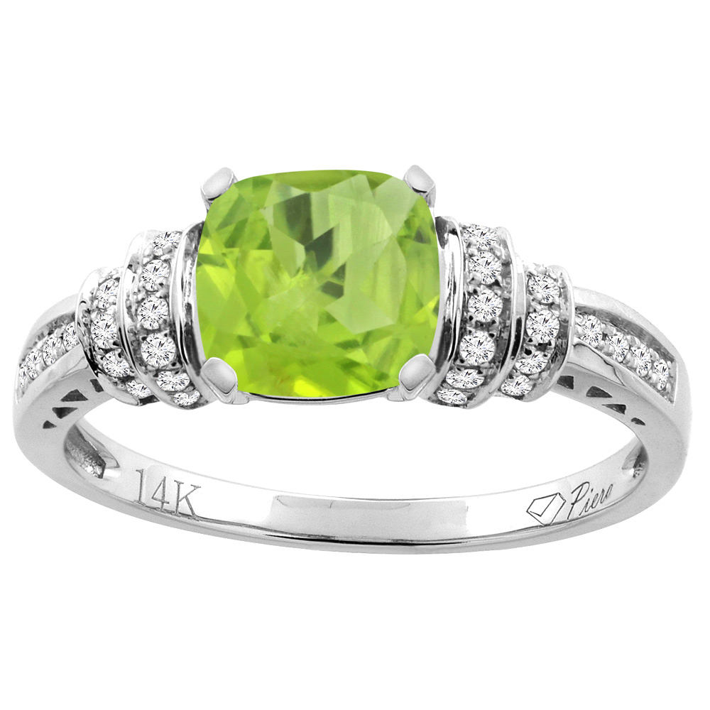 14K Gold Natural Peridot Ring Cushion Cut 7x7 mm Diamond Accents, sizes 5 - 10