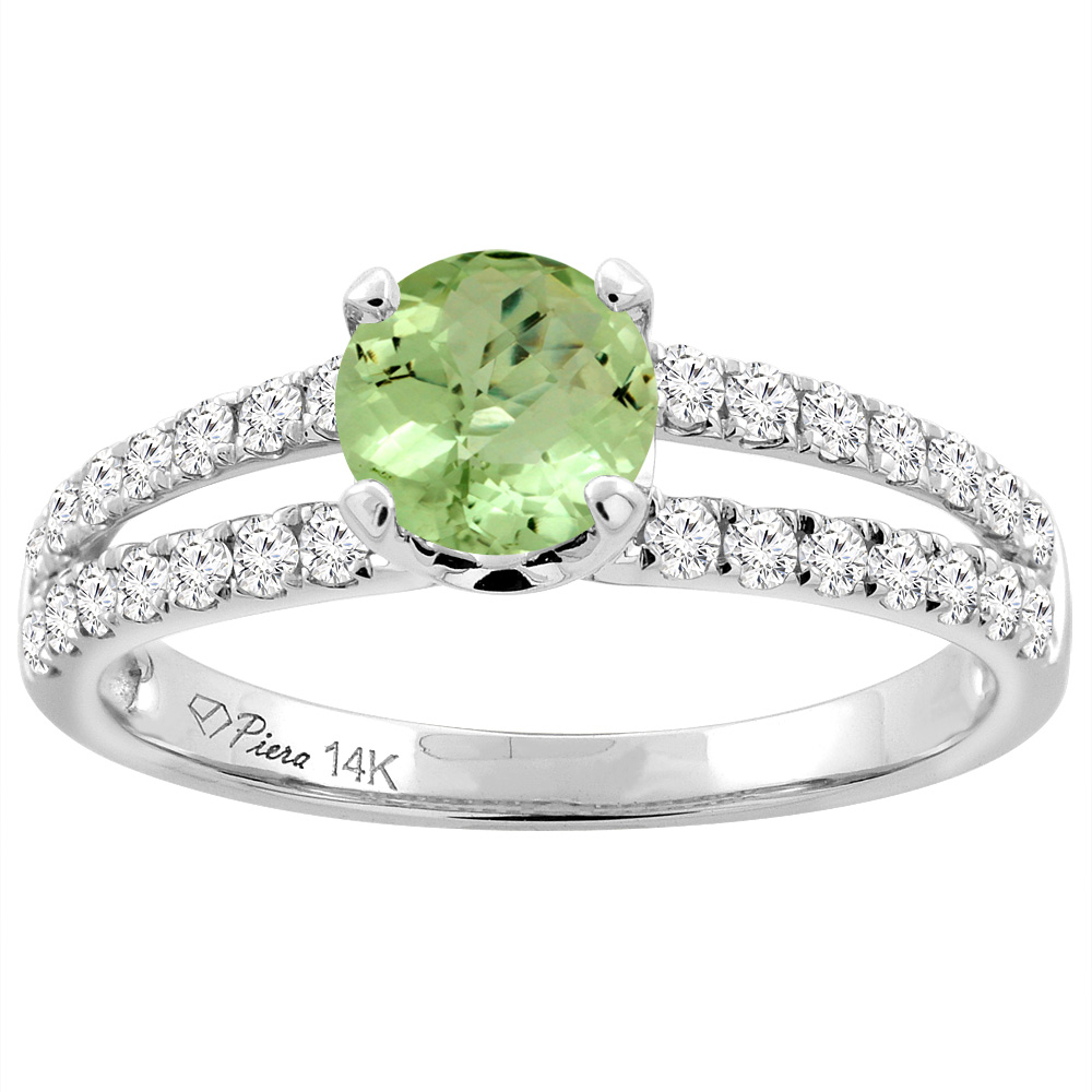 14K White Gold Natural Peridot Engagement Ring Round 6 mm Split Shank Diamond Accents, sizes 5 - 10