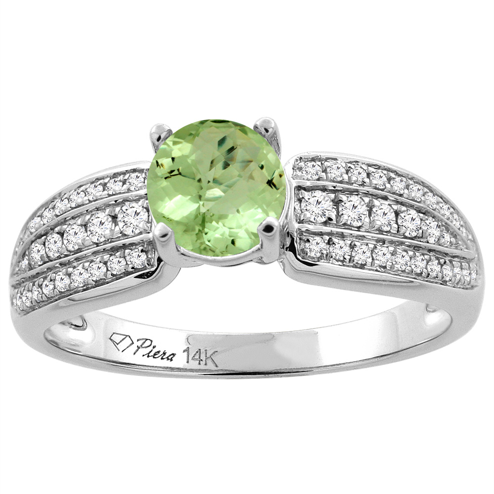 14K White Gold Natural Peridot Engagement Ring Round 6 mm 3-row Diamond Accents, sizes 5 - 10