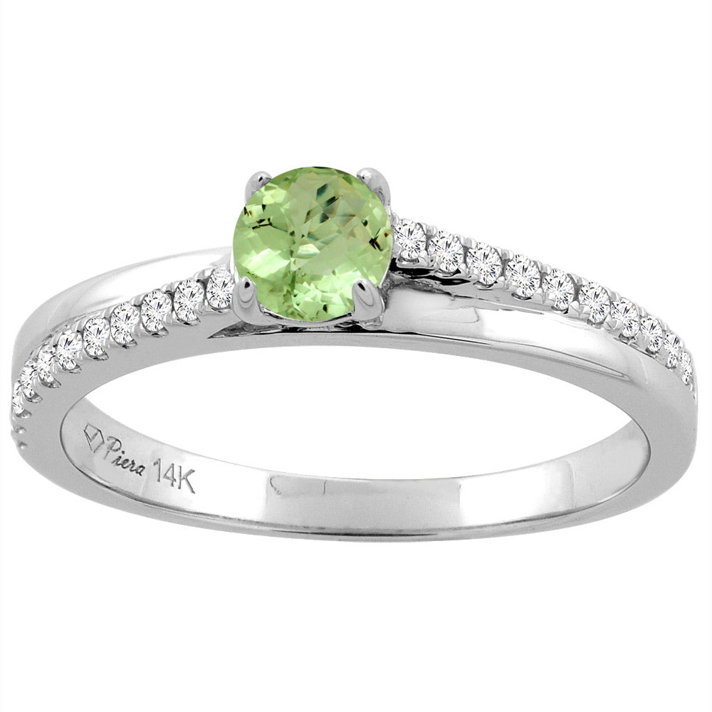 14K White Gold Natural Peridot Engagement Ring Round 5 mm &amp; Diamond Accents, sizes 5 - 10