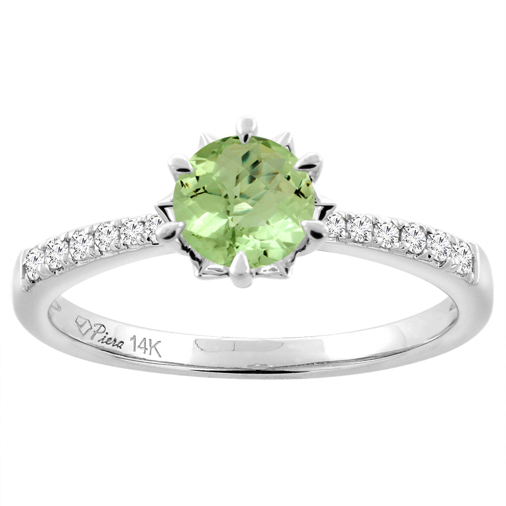 14K White Gold Natural Peridot Engagement Ring Round 6 mm & Diamond Accents, sizes 5 - 10