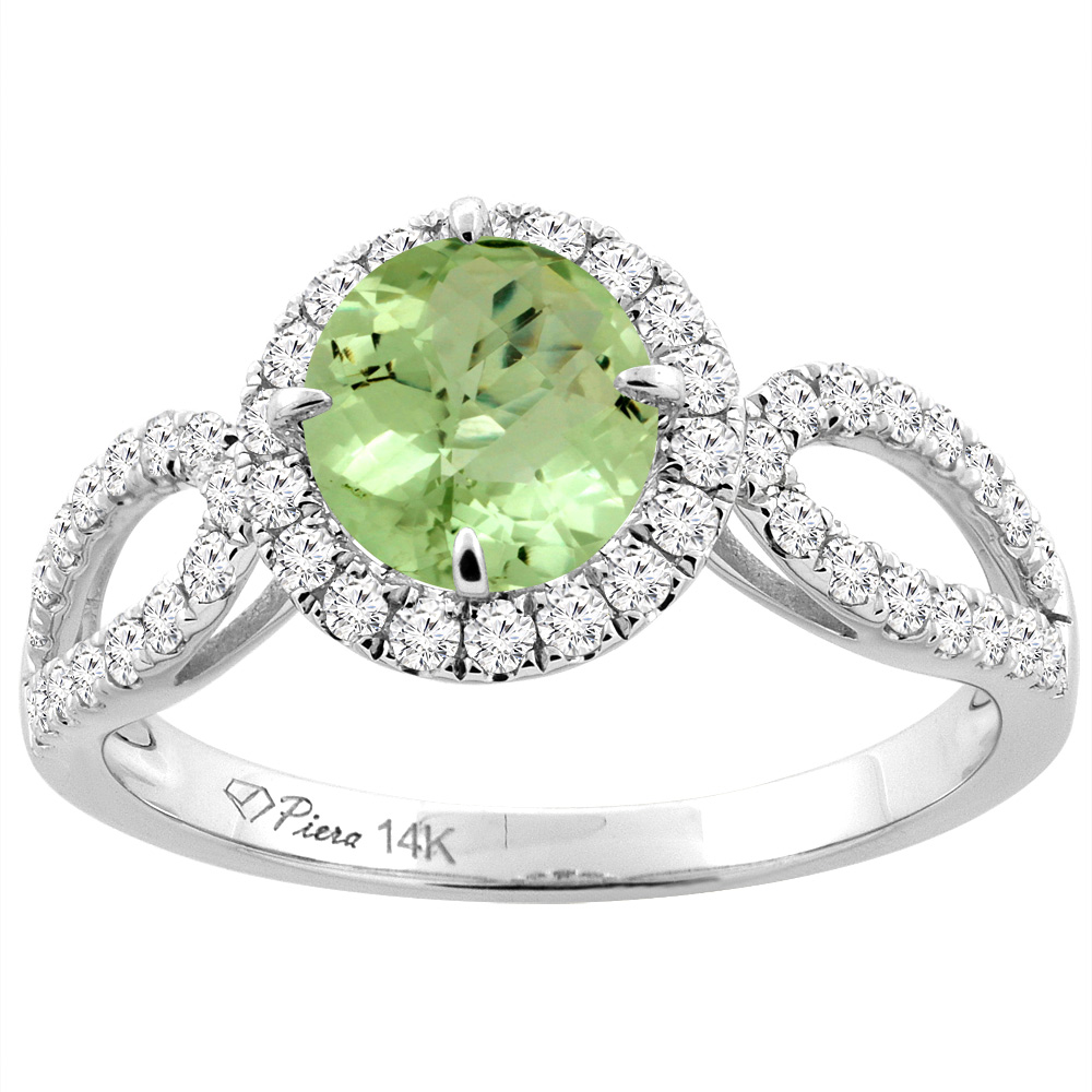 14K White Gold Natural Peridot Engagement Halo Ring Round 6 mm &amp; Diamond Accents, sizes 5 - 10