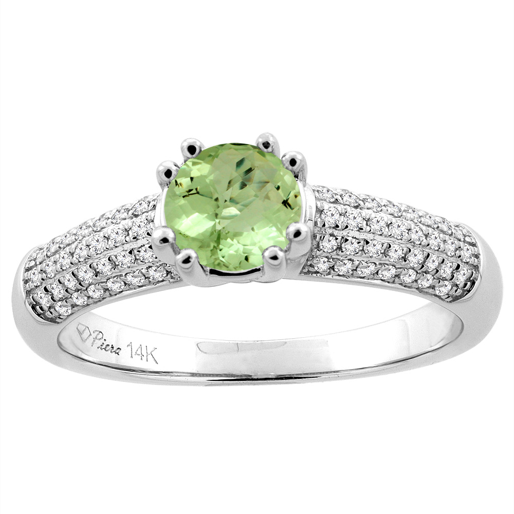 14K White Gold Natural Peridot Engagement Ring Round 6 mm & Diamond Accents, sizes 5 - 10