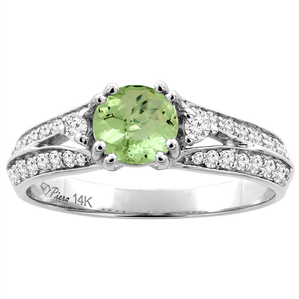 14K White Gold Natural Peridot Engagement Ring Round 6 mm &amp; Diamond Accents, sizes 5 - 10