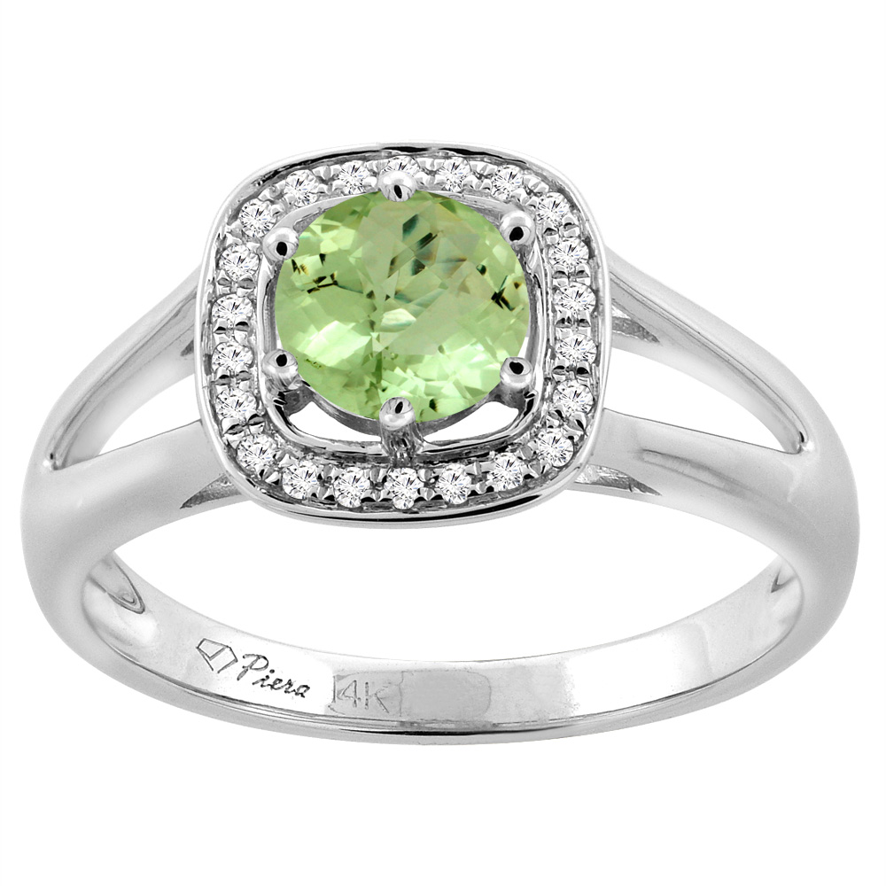 14K White Gold Natural Peridot Engagement Halo Ring Round 6 mm &amp; Diamond Accents, sizes 5 - 10