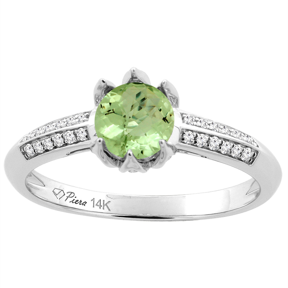 14K White Gold Natural Peridot Engagement Ring Round 6 mm & Diamond Accents, sizes 5 - 10