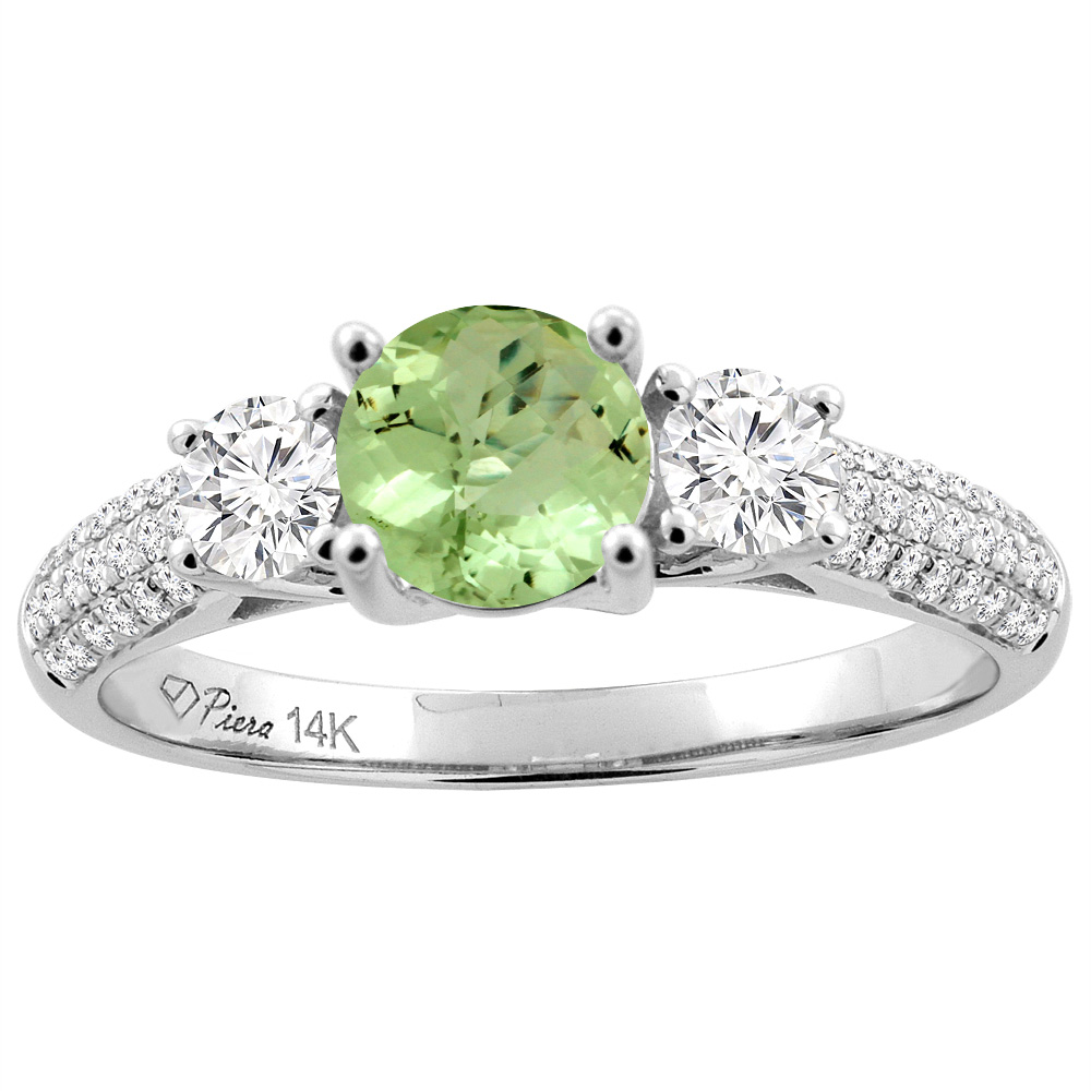 14K White Gold Natural Peridot Engagement Ring Round 6 mm & Diamond Accents, sizes 5 - 10