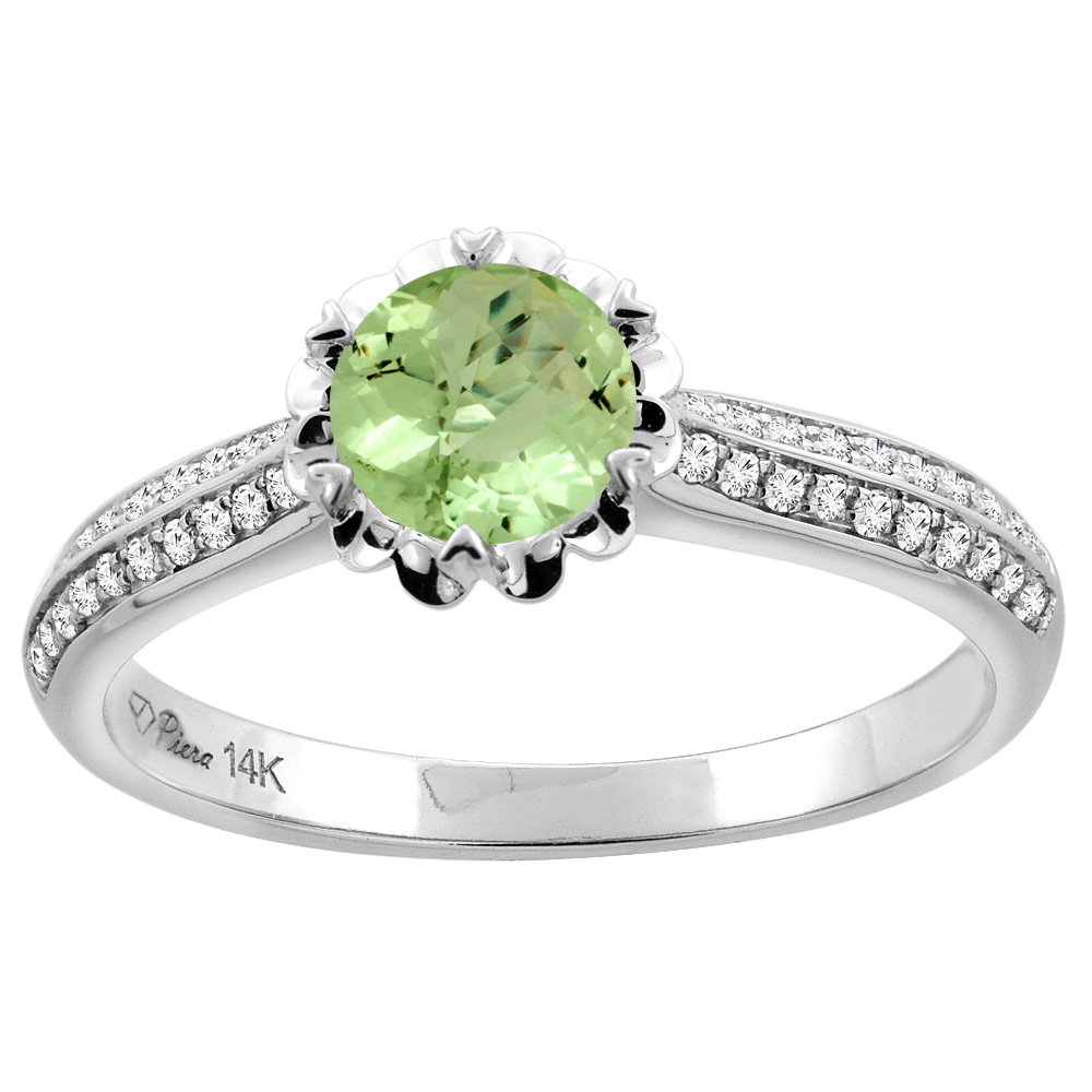 14K White Gold Natural Peridot Engagement Ring Round 6 mm &amp; Diamond Accents, sizes 5 - 10