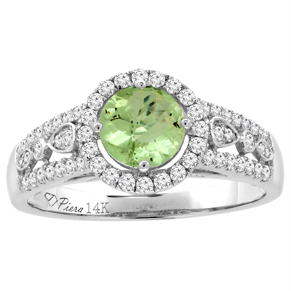 14K White Gold Diamond Natural Peridot Engagement Halo Ring Round 7 mm, sizes 5-10