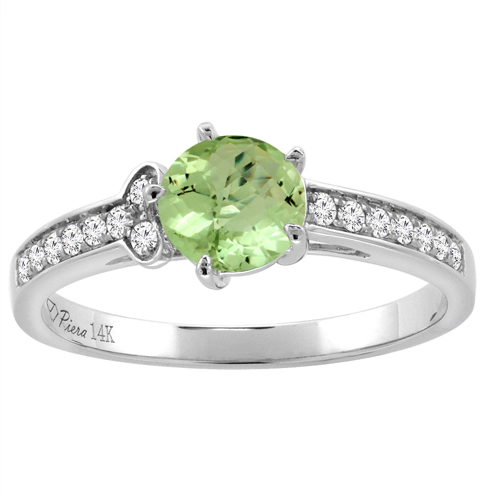 14K White Gold Diamond Natural Peridot Engagement Ring Round 7 mm, sizes 5-10