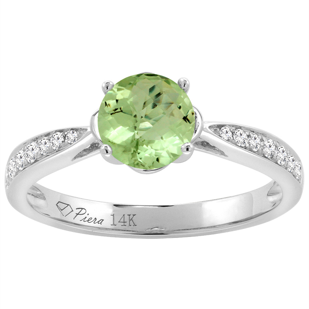 14K White Gold Diamond Natural Peridot Engagement Ring Round 7 mm, sizes 5-10