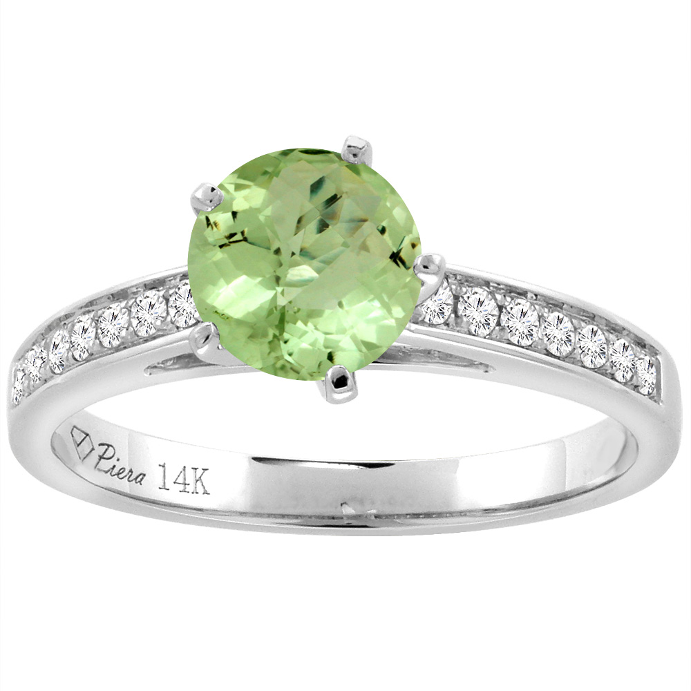 14K White Gold Diamond Natural Peridot Engagement Ring Round 7 mm, sizes 5-10