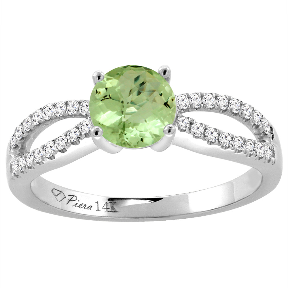 14K White Gold Diamond Natural Peridot Engagement Ring Round 7 mm, sizes 5-10