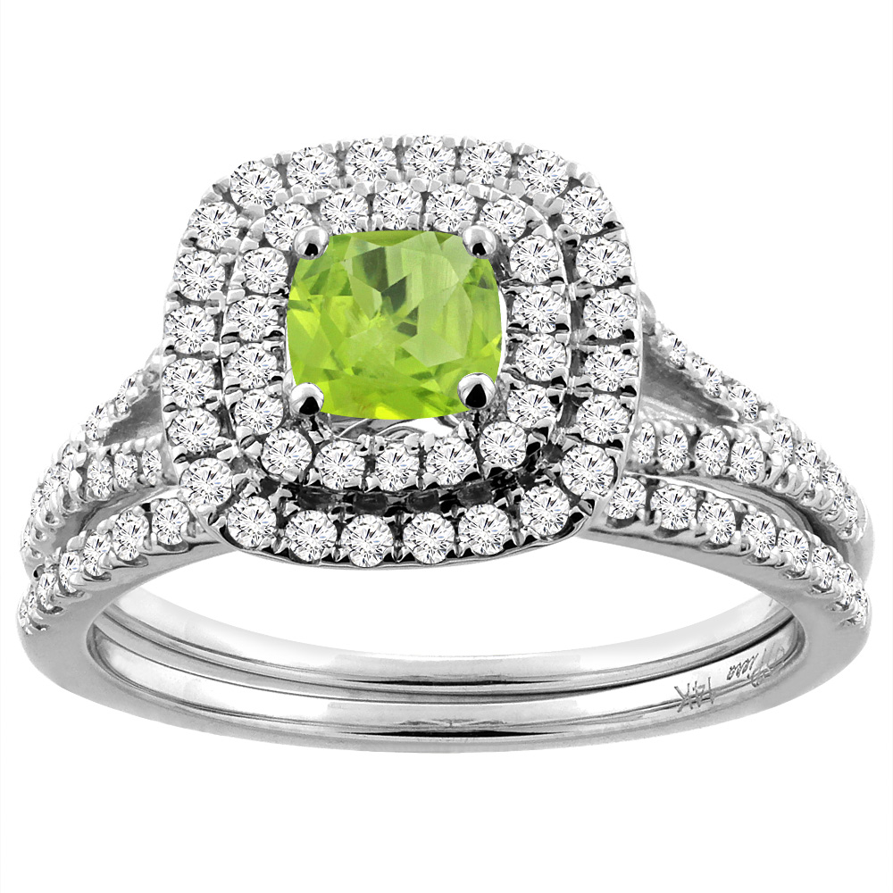 14K White Gold Diamond Halo Natural Peridot 2pc Engagement Ring Set Cushion 6x6 mm, sizes 5-10