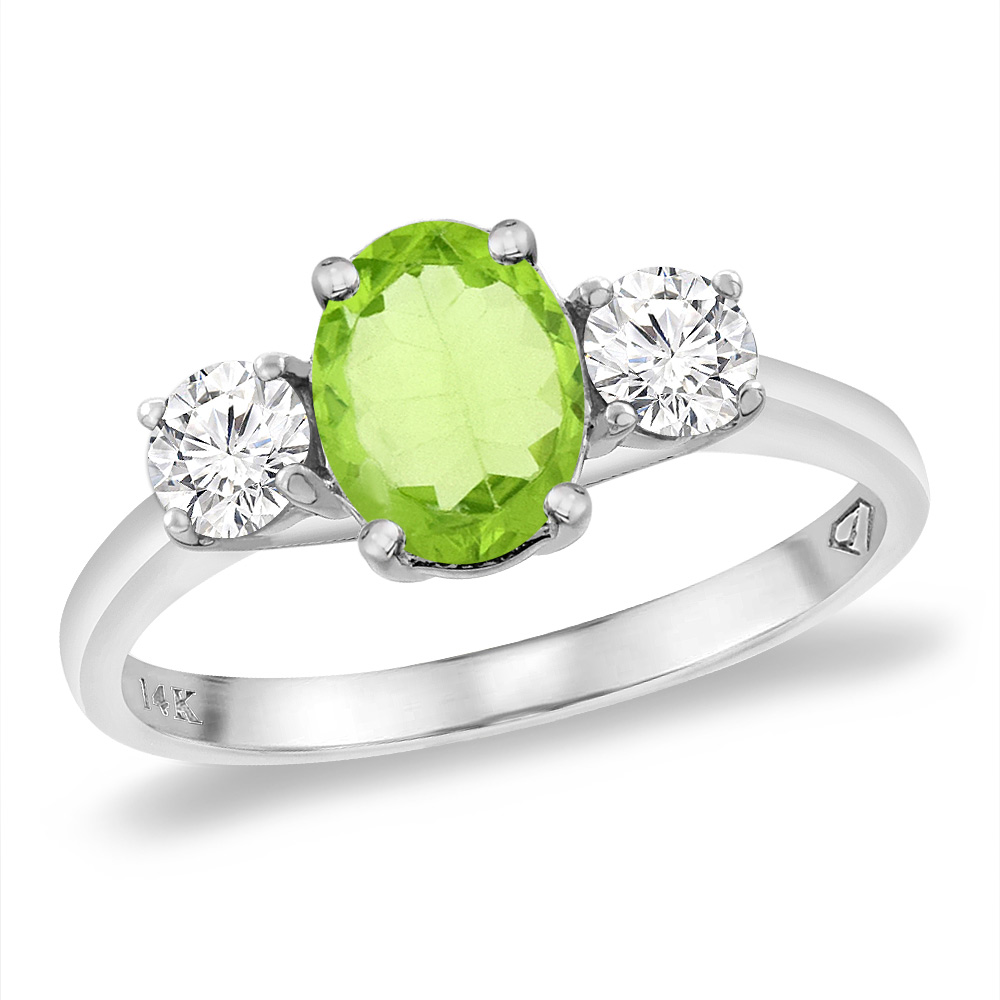 14K White Gold Natural Peridot &amp; 2pc. Diamond Engagement Ring Oval 8x6 mm, sizes 5 -10