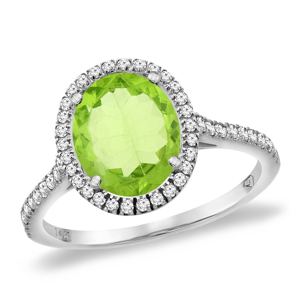 14K White Gold Natural Peridot Diamond Halo Engagement Ring 10x8 mm Oval, sizes 5 -10