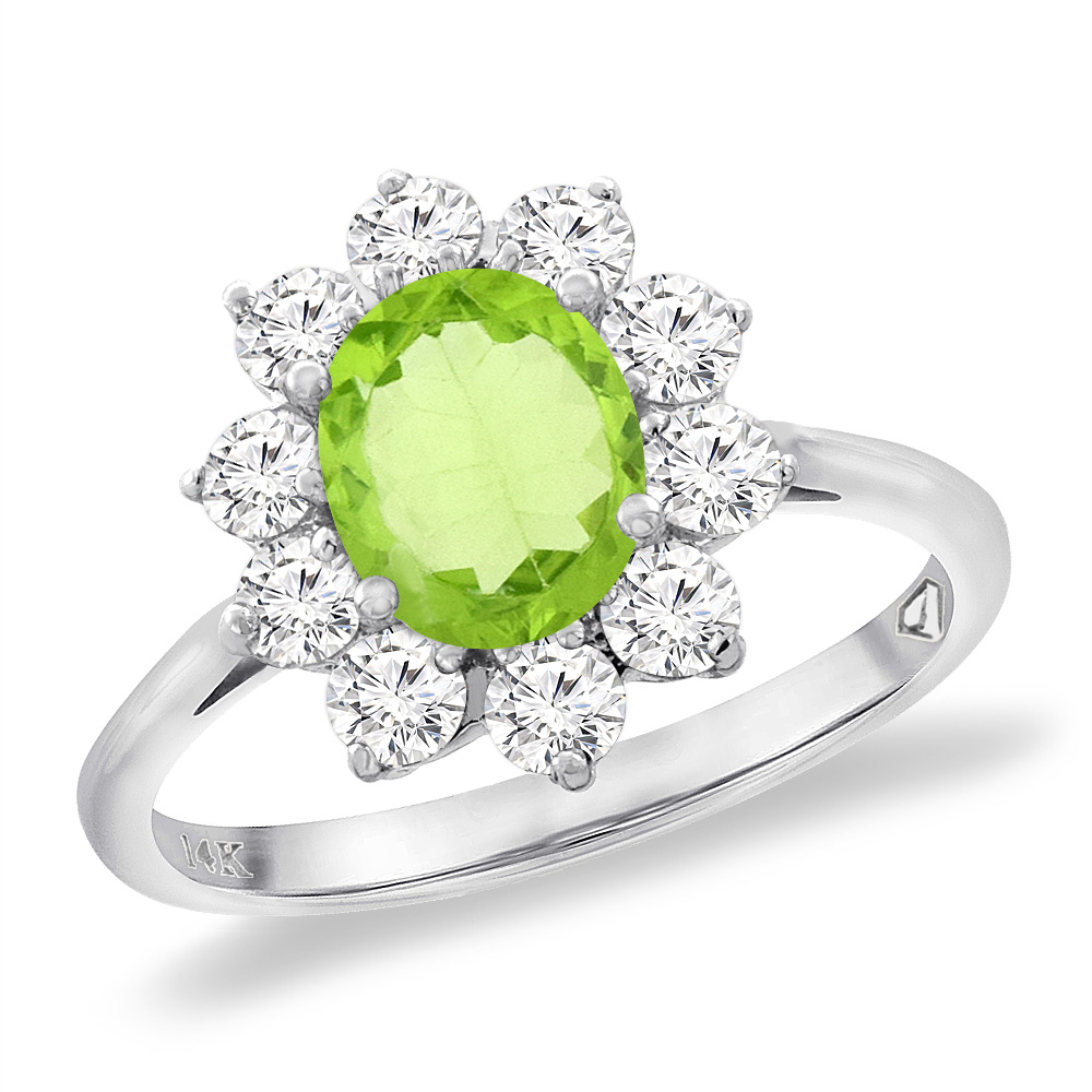 14K White Gold Diamond Natural Peridot Engagement Ring Oval 8x6 mm, sizes 5 -10