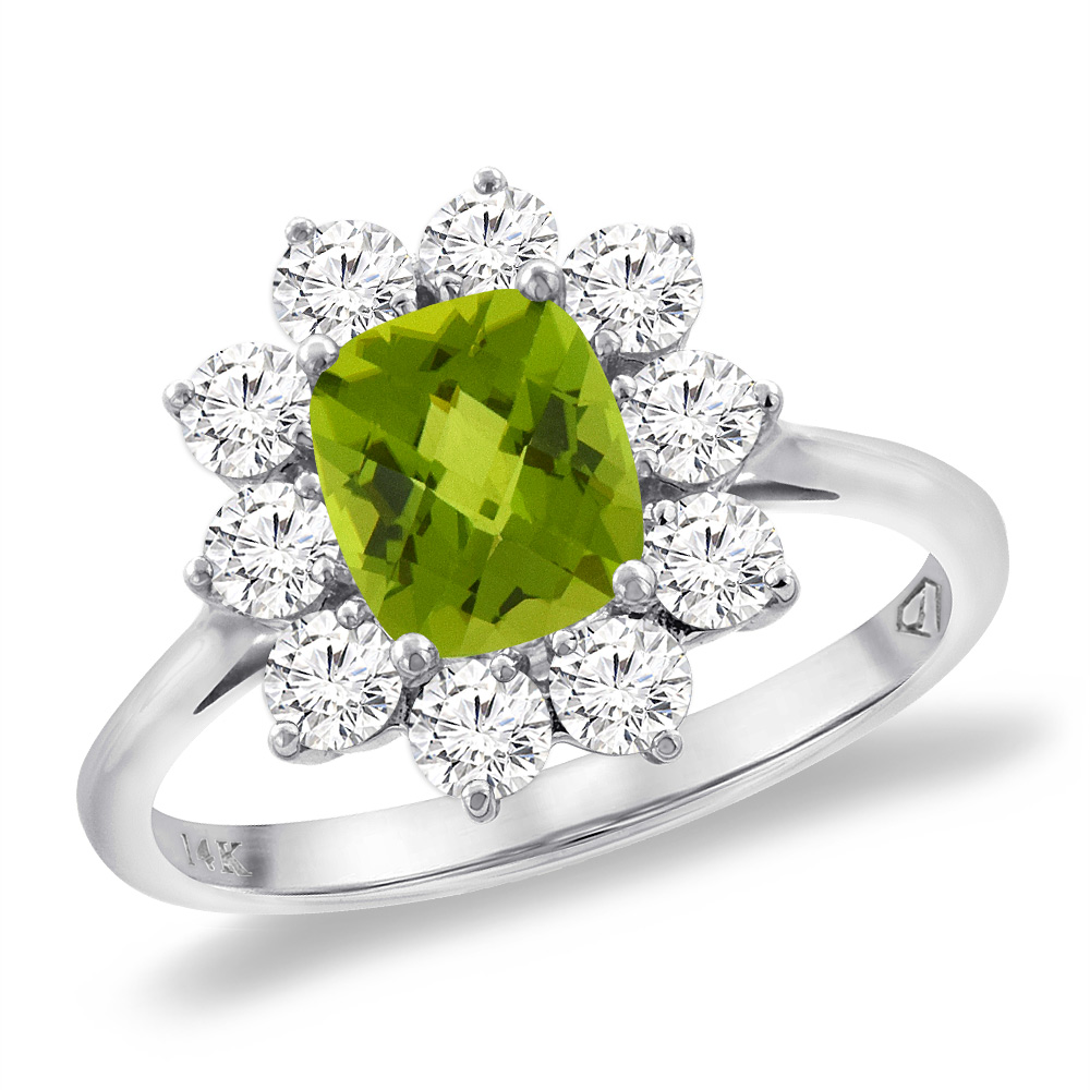 14K White Gold Diamond Natural Peridot Engagement Ring 8x6 mm Cushion, sizes 5 -10