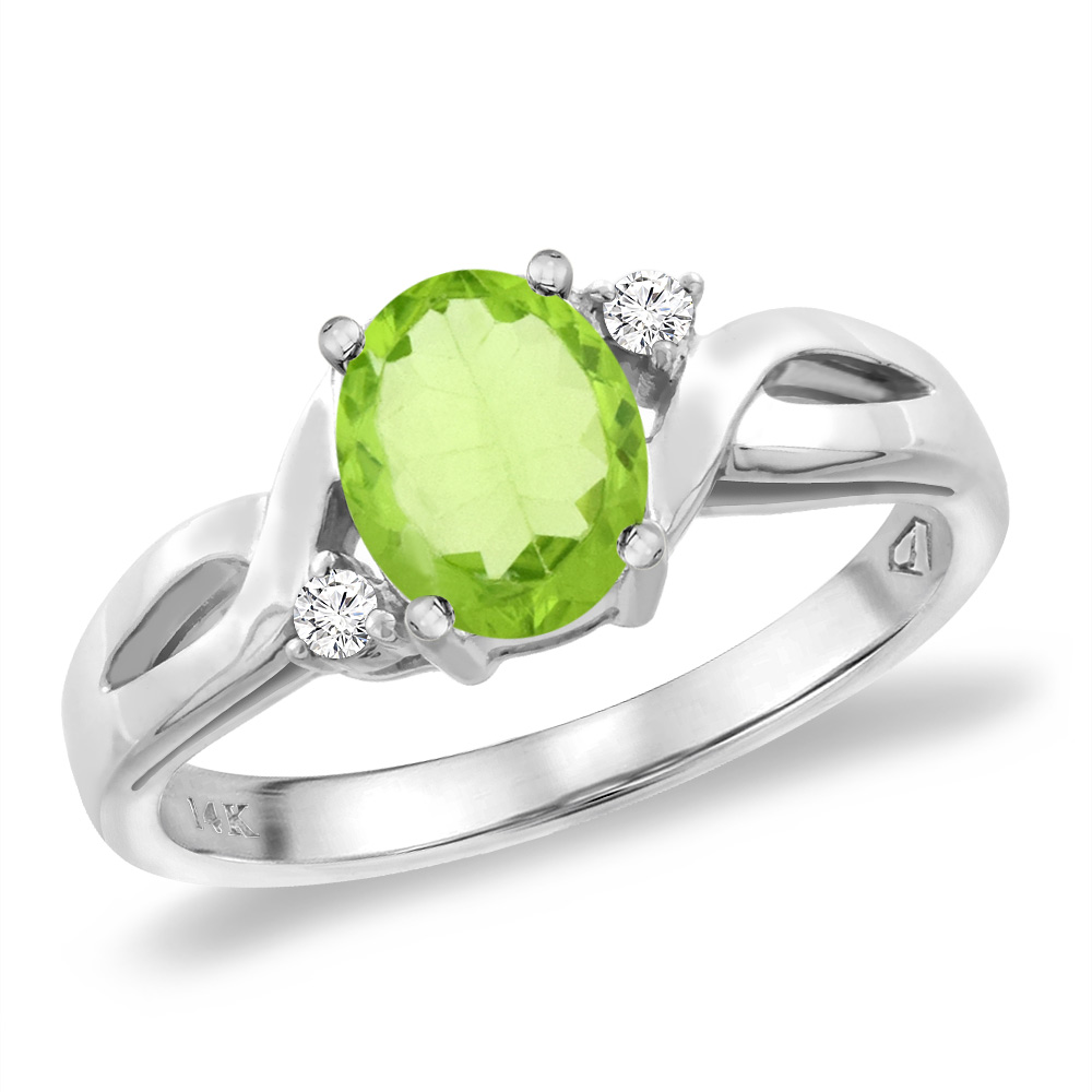 14K White Gold Diamond Natural Peridot Engagement Ring Oval 8x6 mm, sizes 5 -10