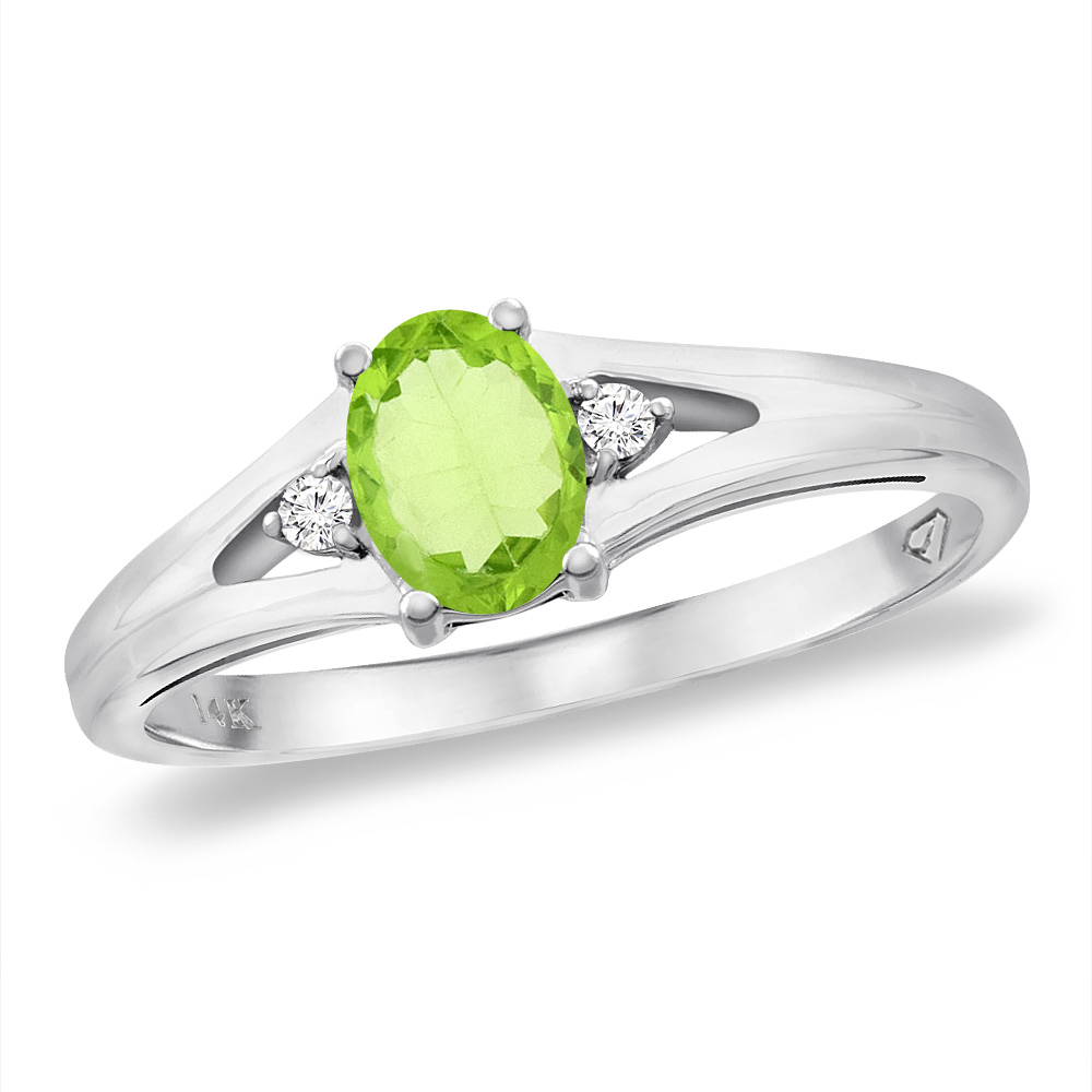 14K White Gold Diamond Natural Peridot Engagement Ring Oval 6x4 mm, sizes 5 -10