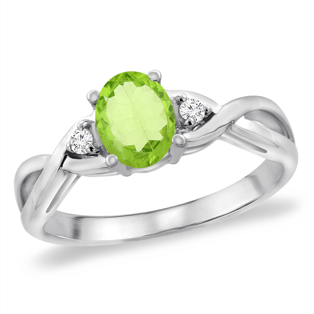 14K White Gold Diamond Natural Peridot Infinity Engagement Ring Oval 7x5 mm, sizes 5 -10