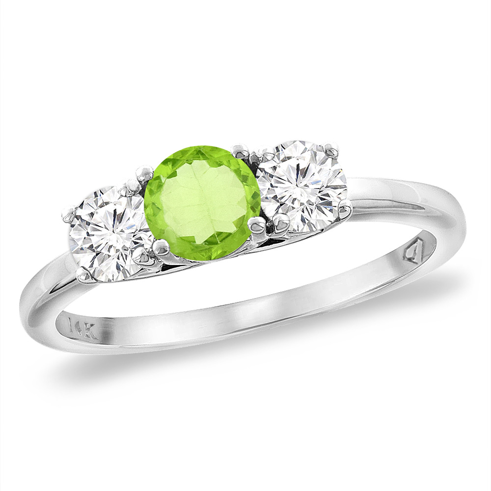 14K White Gold Diamond Natural Peridot Engagement Ring 5mm Round, sizes 5 -10