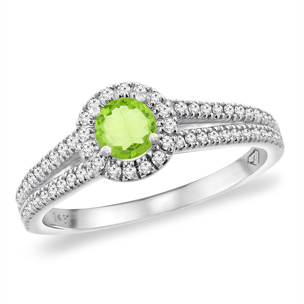 14K White Gold Natural Peridot Split Shank Diamond Halo Engagement Ring 4mm Round, sizes 5 -10