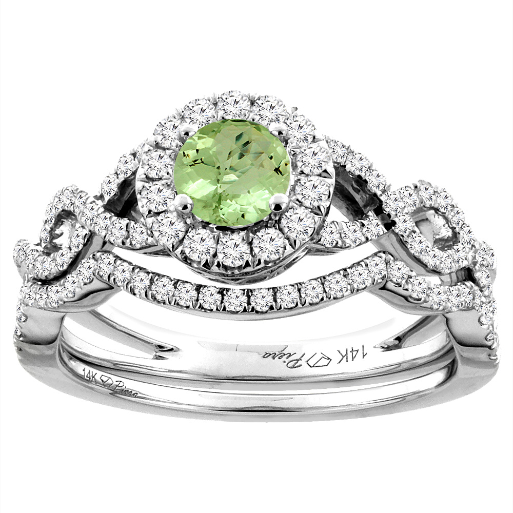 14K White Gold Diamond Natural Peridot Halo Engagement Bridal Ring Set Round 5 mm, sizes 5-10