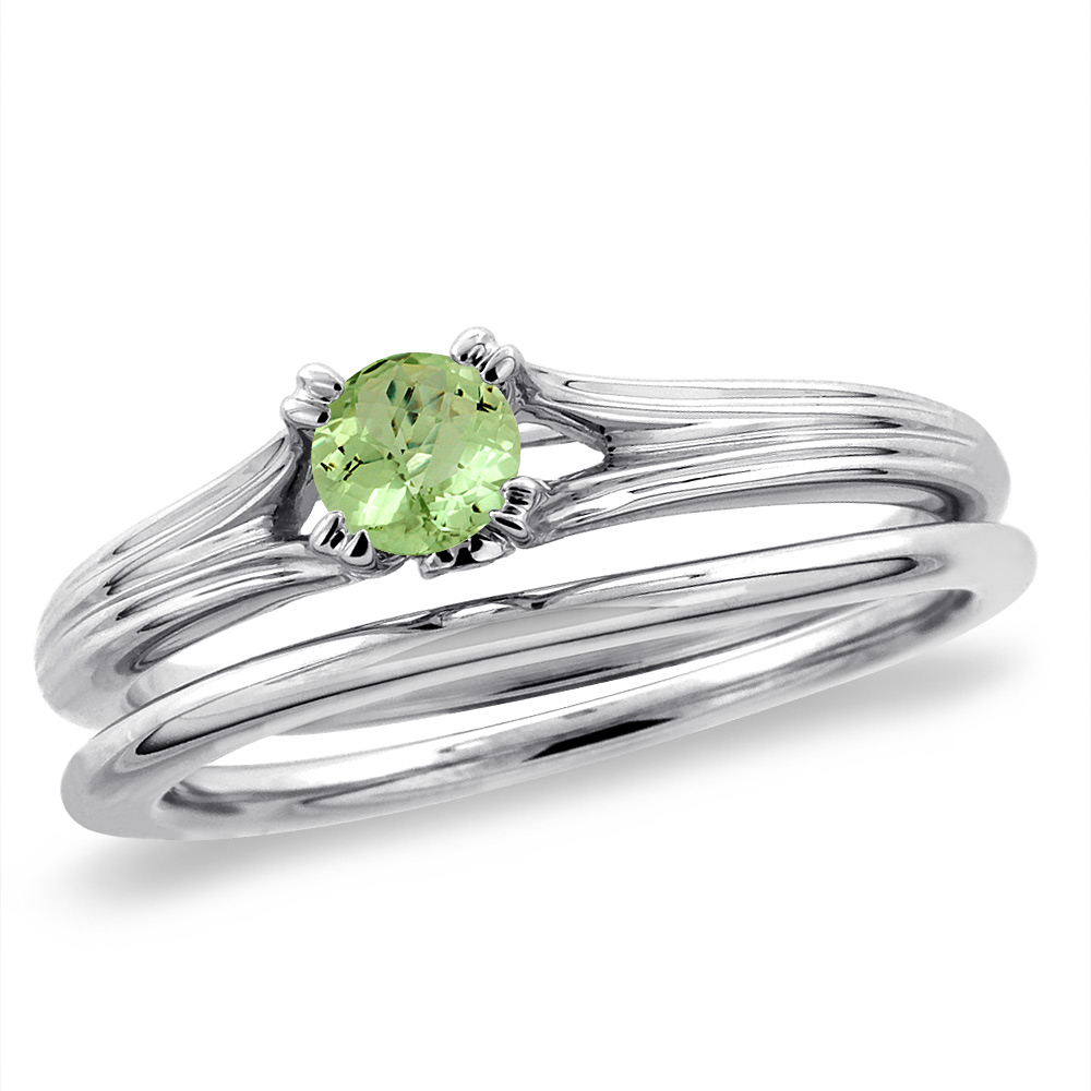 14K White Gold Diamond Natural Peridot 2pc Solitaire Engagement Ring Set Round 6 mm, sizes 5-10