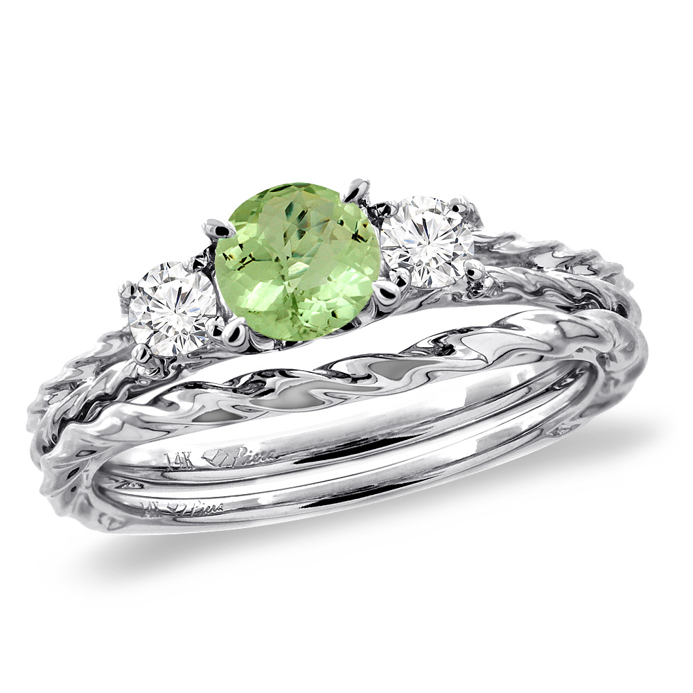 14K White Gold Diamond Natural Peridot 2pc Engagement Ring Set Round 6mm Twisted, sizes 5-10