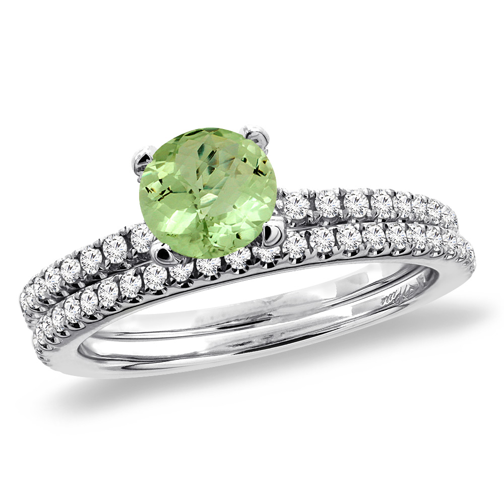 14K White Gold Diamond Natural Peridot 2pc Engagement Ring Set Round 5 mm, sizes 5-10