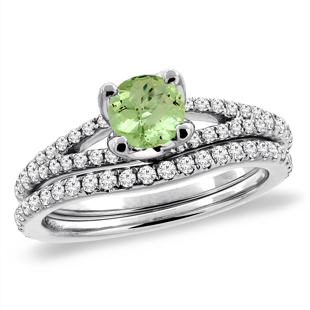 14K White Gold Diamond Natural Peridot 2pc Engagement Ring Set Round 5 mm, sizes 5-10