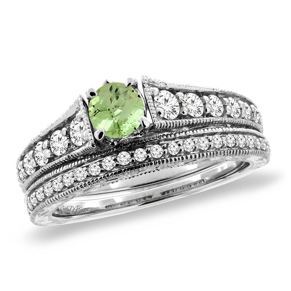 14K White Gold Diamond Natural Peridot 2pc Engagement Ring Set Round 5 mm, sizes 5-10