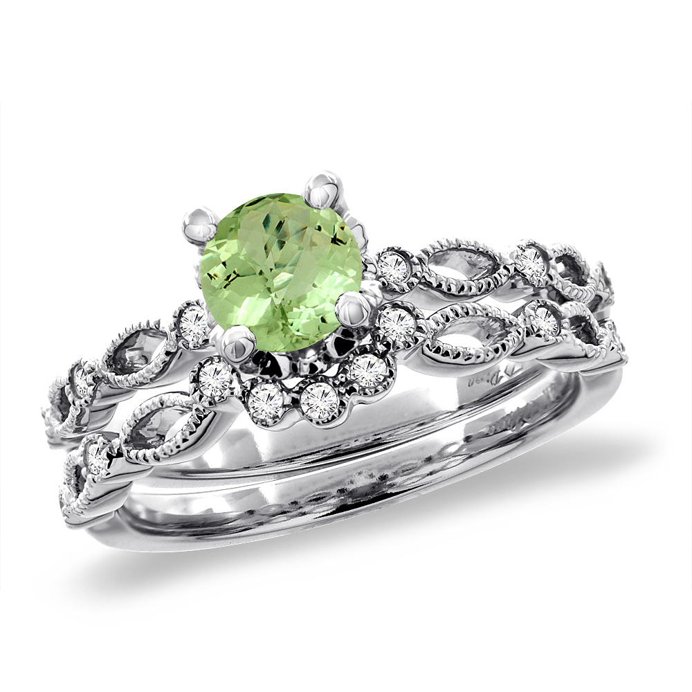 14K White Gold Diamond Natural Peridot 2pc Engagement Ring Set Round 5 mm, sizes 5 - 10