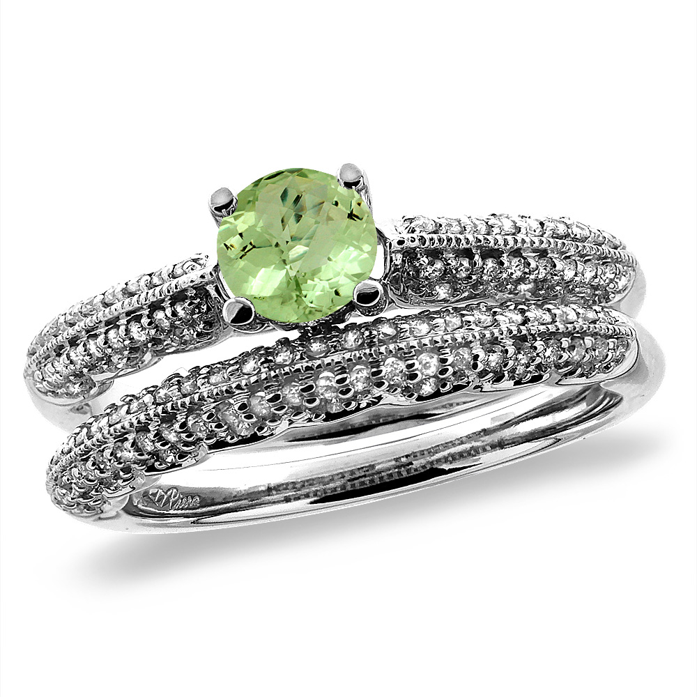 14K White/Yellow Gold Diamond Natural Peridot 2pc Engagement Ring Set Round 5 mm, sizes 5-10